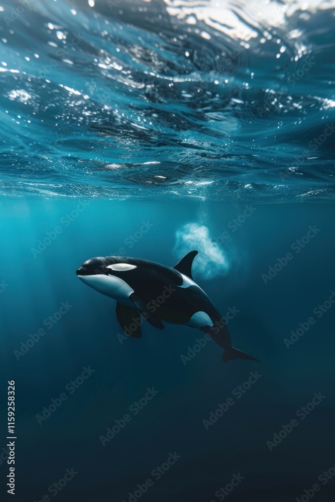 Naklejka premium Orca swims below surface.