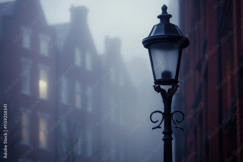 A lone street light stands out in a thick fog, illuminating a small portion of the city street A lone street light stands out in a thick fog, illuminating a small portion of the city street