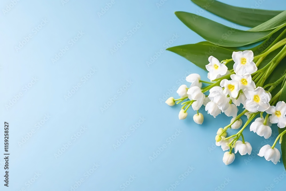 Fresh White Lily of the Valley Flowers with Green Leaves on a Light Blue Background Fresh White Lily of the Valley Flowers with Green Leaves on a Light Blue Background