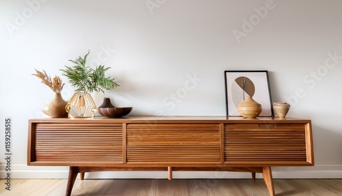 Stylish mid-century modern wooden sideboard adorned with minimalist home décor, perfect for interior design inspiration or lifestyle branding campaigns