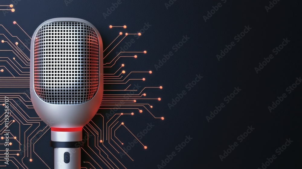 Fototapeta premium Futuristic Microphone with Digital Circuitry Background, Symbolizing Advanced Audio Recognition Technology and Innovations in Sound Capture and Processing