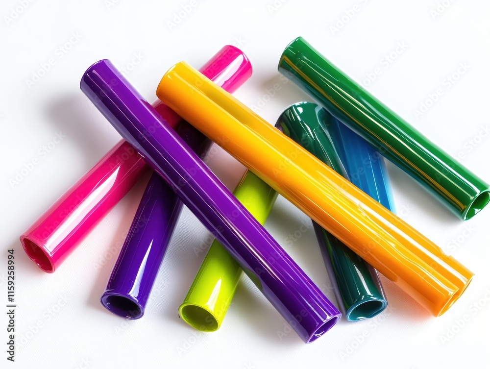 Colorful Plastic Tubes in Various Shades Arranged Playfully on a White Background Colorful Plastic Tubes in Various Shades Arranged Playfully on a White Background