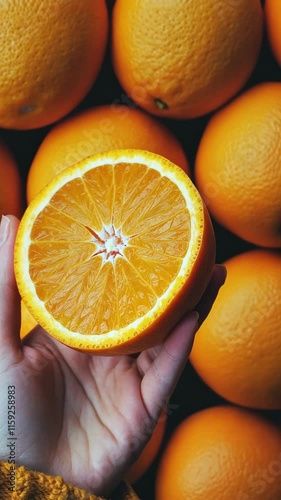 Freshly cut orange held above a pile of whole oranges showcasing vibrant color and texture