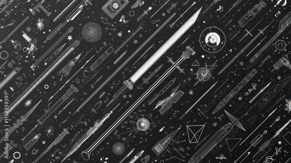 Fototapeta premium A collage of various weapons and symbols against a dark background.