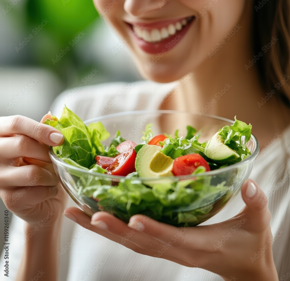 A woman holds a glass bowl filled with a vibrant green salad, smiling while sitting in a bright indoor space A woman holds a glass bowl filled with a vibrant green salad, smiling while sitting in a bright indoor space