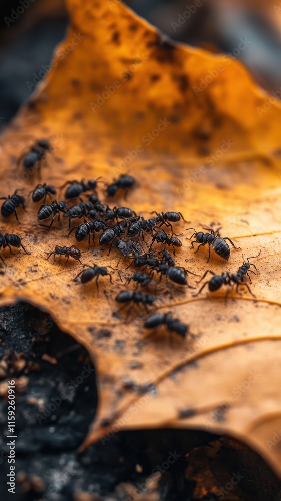 Numerous black ants are actively moving on a decaying yellow leaf, surrounded by earthy textures in a forest setting during autumn. Their busy activity highlights the ecosystem's vibrant life Numerous black ants are actively moving on a decaying yellow leaf, surrounded by earthy textures in a forest setting during autumn. Their busy activity highlights the ecosystem's vibrant life