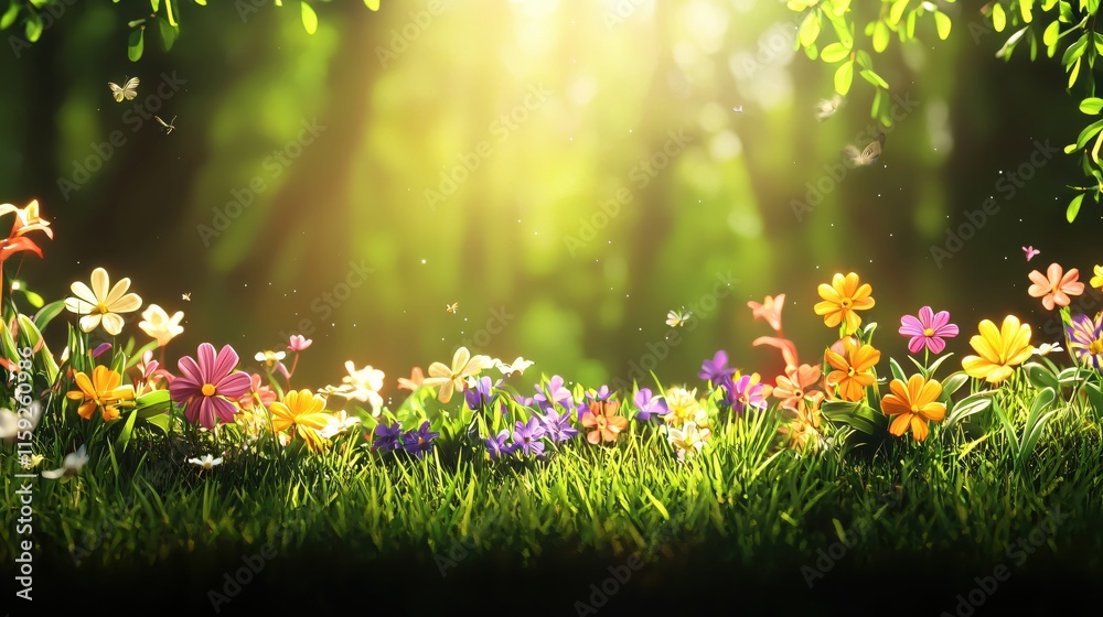Vibrant Meadow with Colorful Flowers Under Soft Sunlight in a Serene Forest Setting Vibrant Meadow with Colorful Flowers Under Soft Sunlight in a Serene Forest Setting