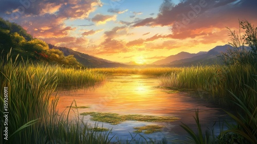 Serene Sunset Over Calm Waters Surrounded by Lush Greenery