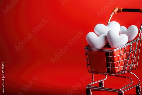 Fresh eggs in a grocery cart on a bright red background, ideal for food and commerce themes photo