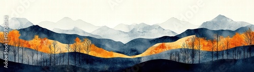 Watercolor landscape with mountains and autumn colors, serene and tranquil view.