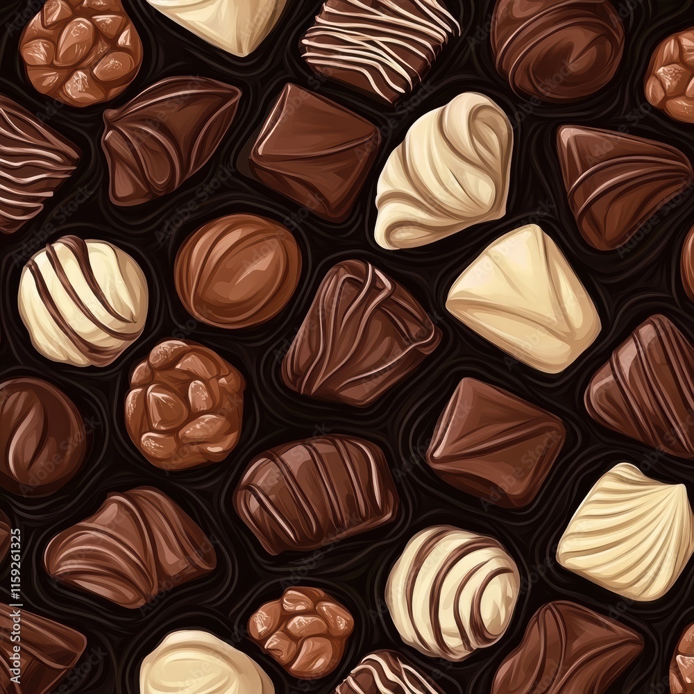 A vibrant assortment of chocolates is arranged on a dark background, highlighting various shapes and textures, celebrating the sweetness of different flavors in a visually appealing way A vibrant assortment of chocolates is arranged on a dark background, highlighting various shapes and textures, celebrating the sweetness of different flavors in a visually appealing way