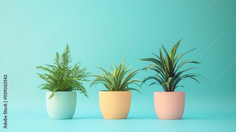 Colorful potted plants on a vibrant teal background