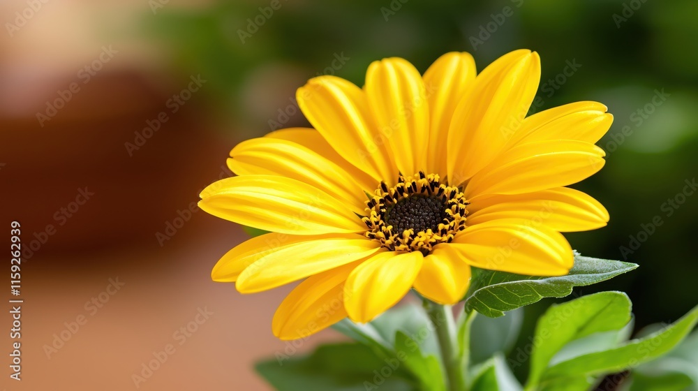 Obraz premium Bright Yellow Flower Close-Up with Green Leaves on Soft Background in Natural Light