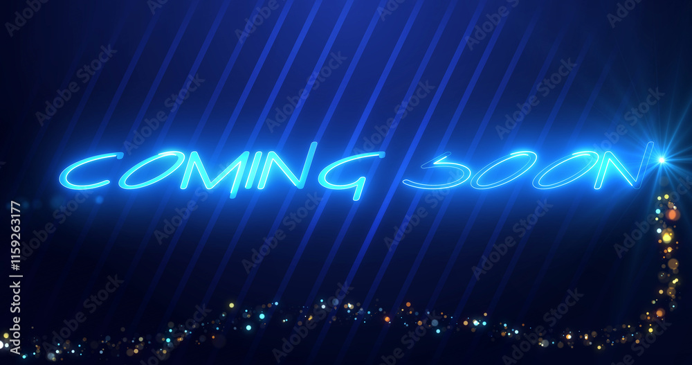 Obraz premium Coming Soon neon styled text animation background. Fairy dust intro lines moving geometric. Movie trailer text reveal cinema style gamer futuristic technology bg. Game live-streaming asset.
