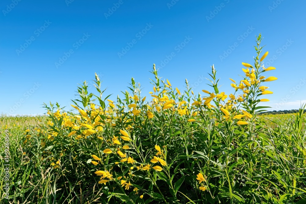 Bright Yellow Wildflowers Against Clear Blue Sky in Sunny Field Landscape Bright Yellow Wildflowers Against Clear Blue Sky in Sunny Field Landscape