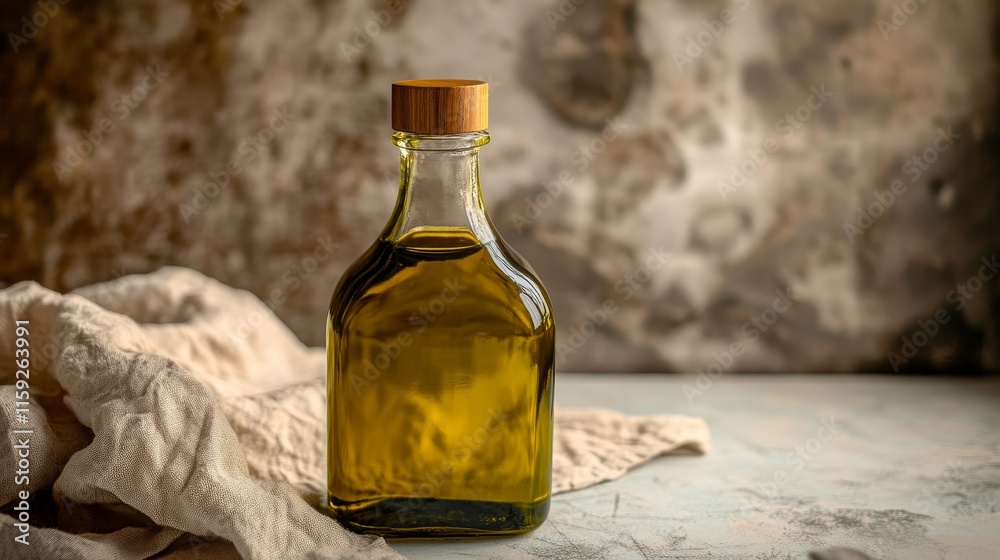 A glass bottle filled with olive oil, placed on a textured surface with a cloth nearby. A glass bottle filled with olive oil, placed on a textured surface with a cloth nearby.