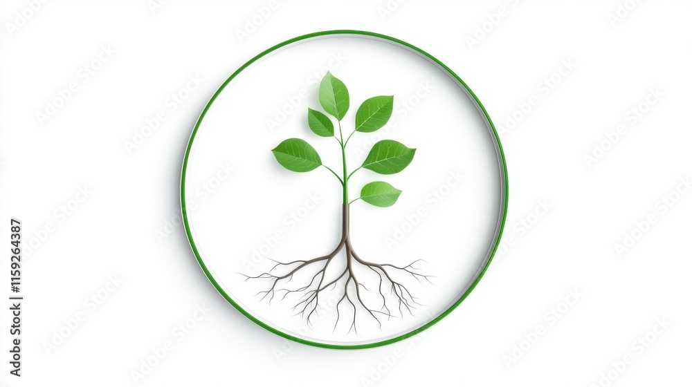 A green sapling with leaves and roots inside a circular design, symbolizing growth, nature, and sustainability. A green sapling with leaves and roots inside a circular design, symbolizing growth, nature, and sustainability.
