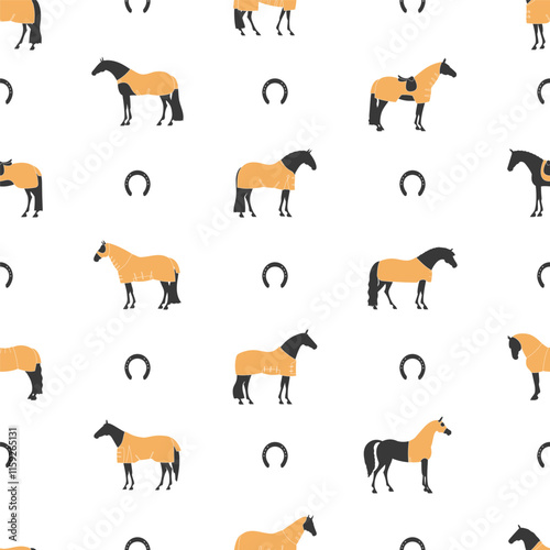 Seamless pattern with horses in rugs and horseshoes on a white background