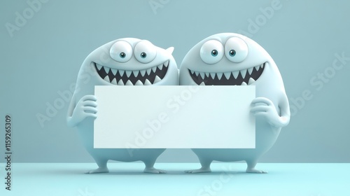 Two white monsters hold a blank card in front of them. They have toothy smiles on their faces. Can be used for advertising, marketing, promotion or presentation. photo