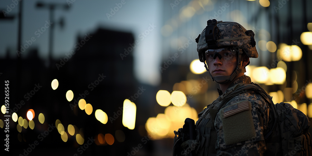 Obraz premium Soldier in Urban Nightscape