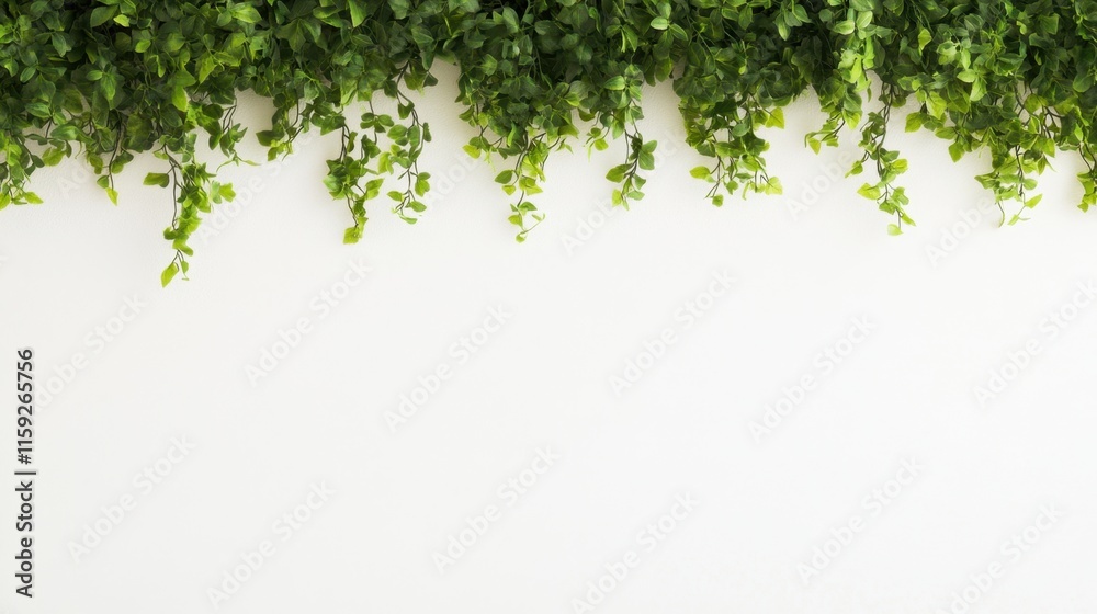 Lush green vines cascade down a plain white wall, creating a serene and natural ambiance. Lush green vines cascade down a plain white wall, creating a serene and natural ambiance.