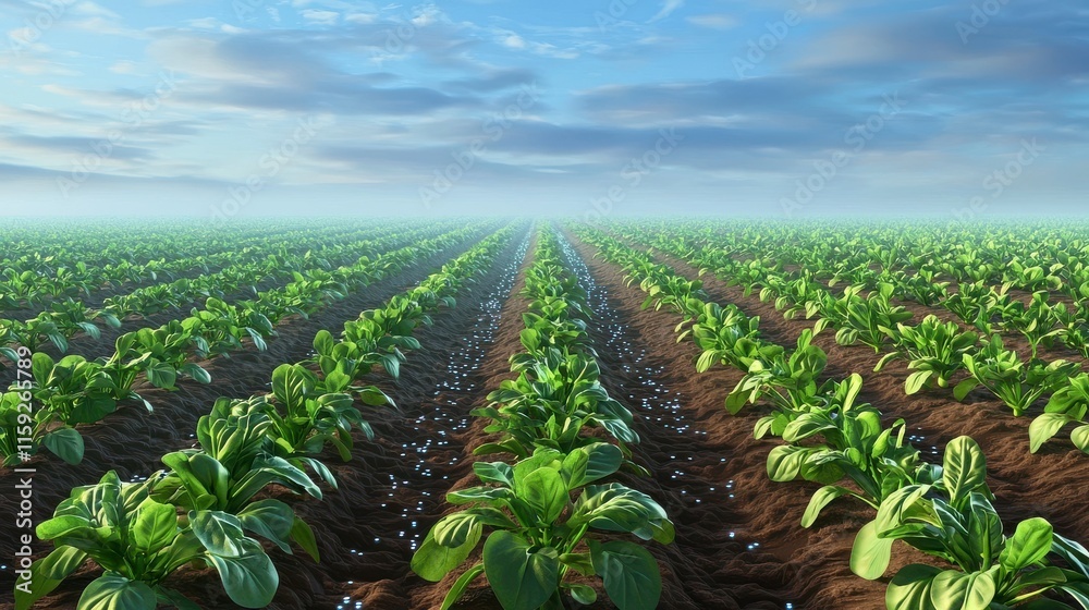 Fototapeta premium Lush Green Crop Field Under a Clear Blue Sky with Gentle Clouds and Bright Sunlight, Showcasing Healthy Plants with Dewdrops on Fresh Foliage