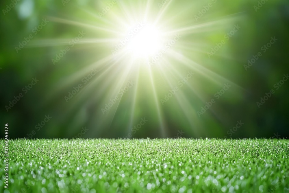 Fototapeta premium Bright Sunlight Shining on Fresh Green Grass Field with a Soft Focus Effect, Creating a Peaceful and Serene Natural Landscape Scene