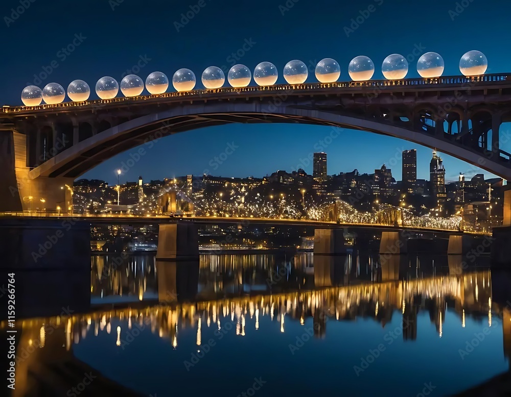 Fototapeta premium Illuminated spheres adorn a city bridge at night