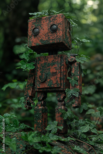 Obraz na płótnie The image depicts a rusted and moss-covered robot figure, adorned with green leaves, standing in a lush, forested environment w salonie