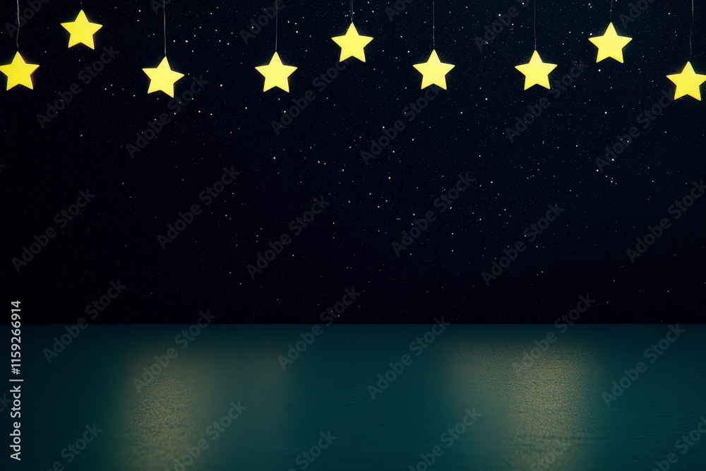 Fototapeta premium Star Decorations Hanging in a Dark Sky, Creating a Serene and Tranquil Atmosphere Over a Calm Body of Water with Reflective Surface Under a Twinkling Starry Night