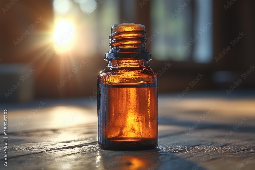 A single bottle of essential oil placed on a table, perfect for interior design or wellness themed images A single bottle of essential oil placed on a table, perfect for interior design or wellness themed images