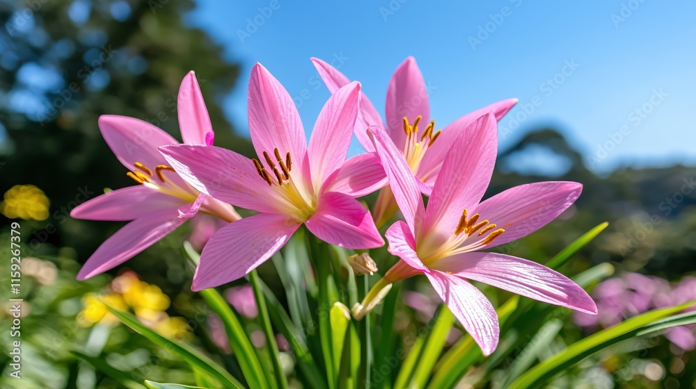 Naklejka premium Beautiful Pink Flowers Blooming Under Clear Blue Sky in Vibrant Garden Scene
