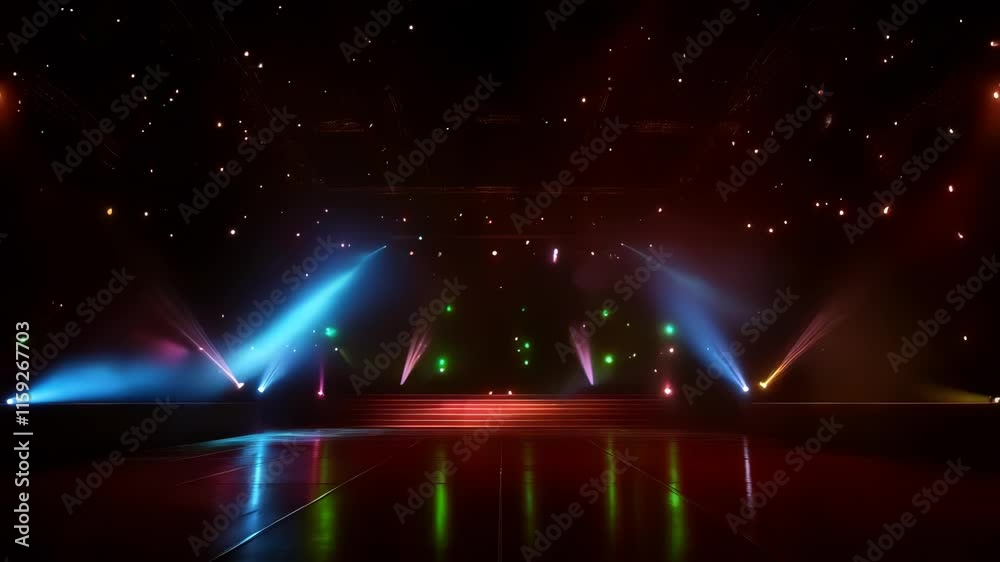 The stage of the concert is illuminated with colorful spotlights. The concept of recreation and entertainment. Music festival. Copy space.