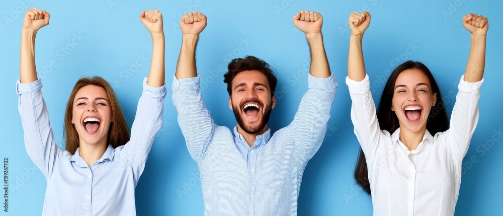 Happy individuals celebrating with raised arms against a blue background. Happy individuals celebrating with raised arms against a blue background.