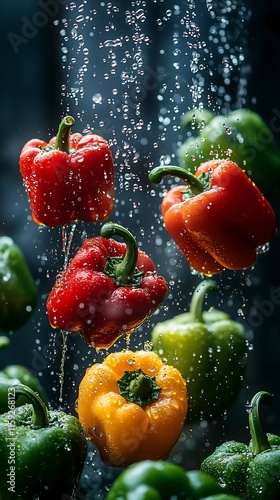 Fresh colorful bell peppers in the air are scattered with water droplets, conveying freshness and cleanness.