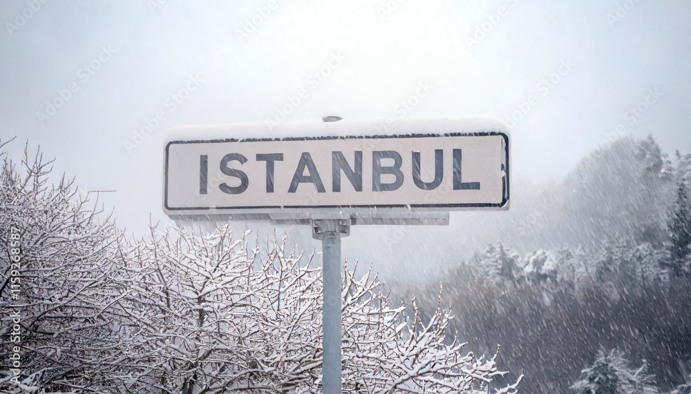 Fototapeta premium sign saying -Istanbul- under the snow. heavy snowfall in Istanbul, blurred taksim square