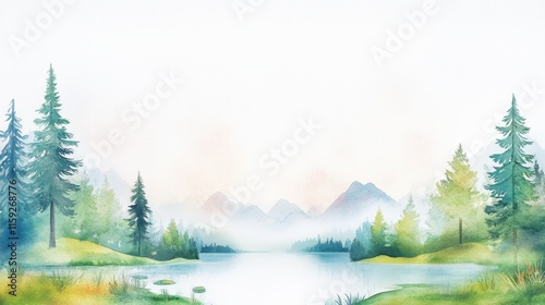 A serene watercolor landscape featuring mountains, a calm lake, and lush green trees, evoking a peaceful natural setting.