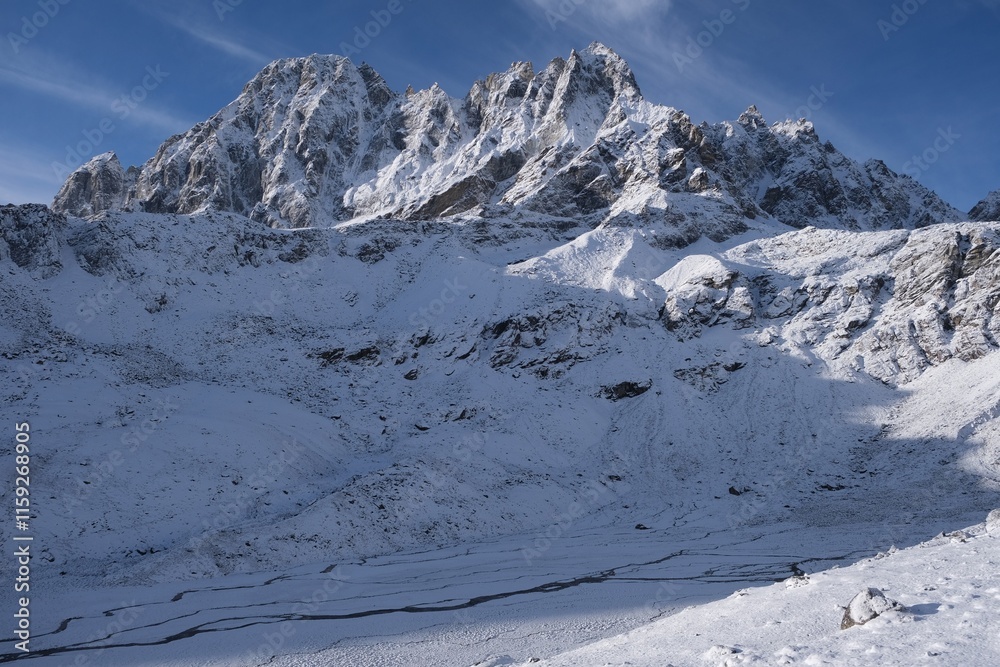 Obraz premium Winter scenery of Himalaya panorama during route to Renjo La Pass. Sagarmatha National Park, Himalayas, Nepal