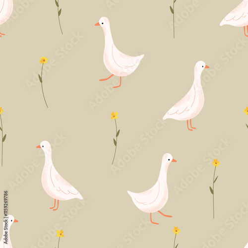 Seamless pattern with goose and floral. Vector farm animals background. Hand drawn goose illustration.
