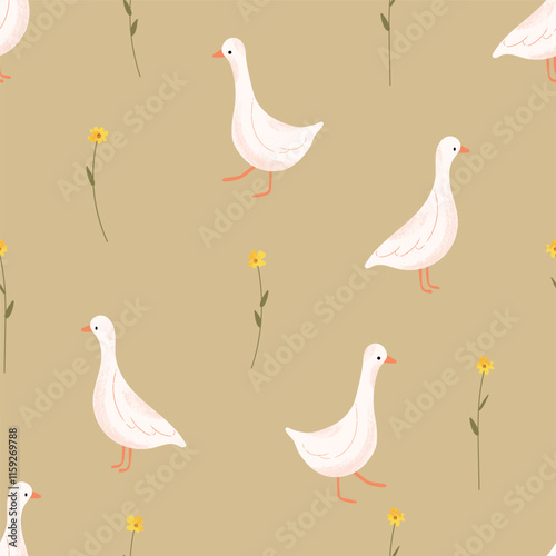 Seamless pattern with goose and floral. Vector farm animals background. Hand drawn goose illustration.
