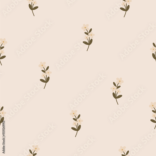 Seamless pattern with white wildflower. Vector botanical floral pastel background. Delicate floral and herb illustration.