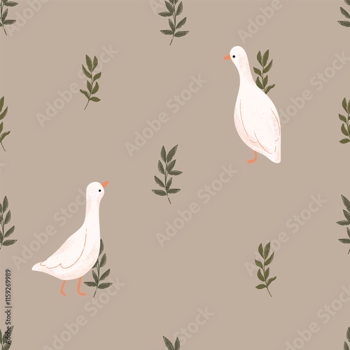 Seamless pattern with goose and floral. Vector farm animals background. Hand drawn goose illustration.