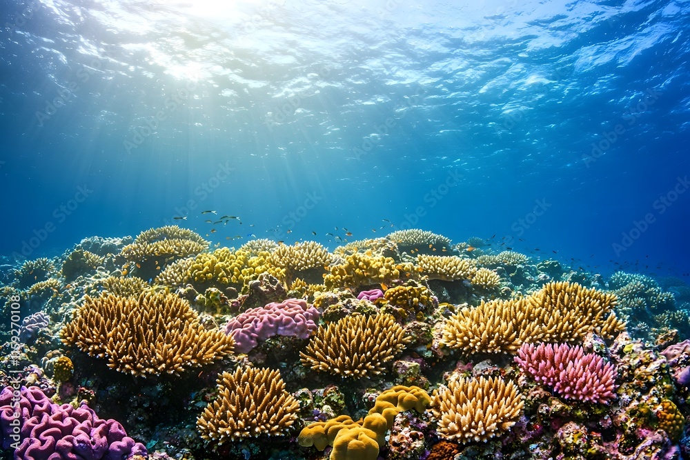 Fototapeta premium Vibrant Coral Reef with Tropical Fish and Sunlit Kelp Forests in the Azure Underwater Landscape