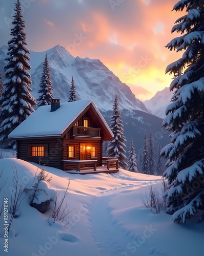 Cozy Winter Cabin in Snowy Mountain Landscape