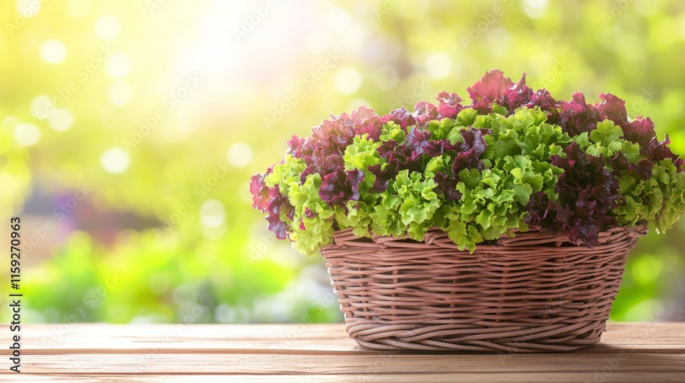Fresh Greens in a Wooden Basket on a Bright Table Fresh Greens in a Wooden Basket on a Bright Table