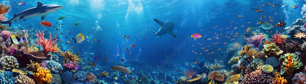 Obraz premium Underwater scene with sharks, fish, and coral reef.