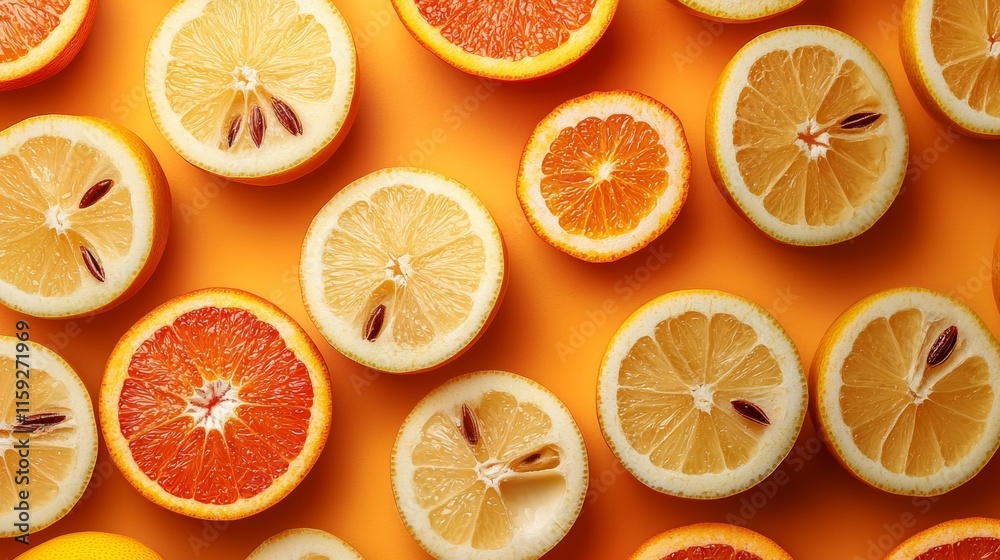 Fresh orange slices arranged on a bright yellow background Fresh orange slices arranged on a bright yellow background