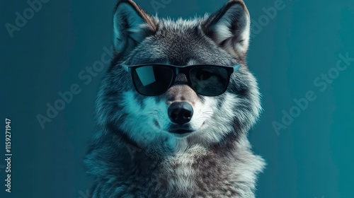 Wolf in sunglasses. Close-up portrait of a wolf. An anthopomorphic creature. A fictional character for advertising and marketing. Humorous character for graphic design.Wolf in sunglasses. design. photo