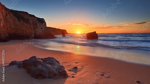 Vibrant sunset over praia da borderia beach with golden skies and rugged cliffs in carrapateira, costa vicentina, west coast algarve, portugal