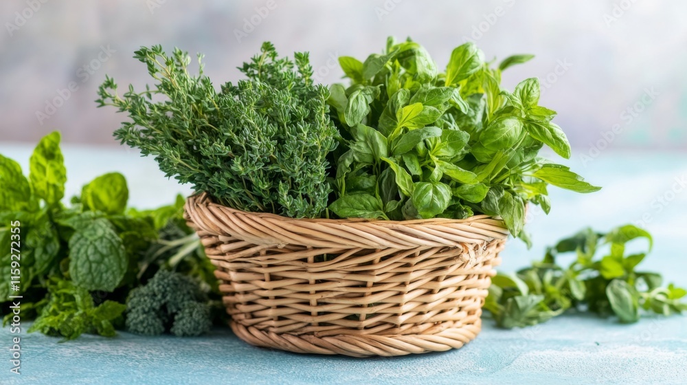 Fresh Herbs in Basket on Table with Soft Light Background Fresh Herbs in Basket on Table with Soft Light Background